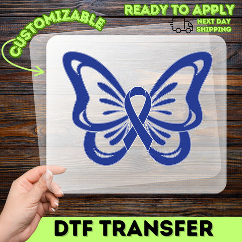 Blue Ribbon & Butterfly Awareness DTF Transfer for Group Support Apparel - Ready to Press Iron-On for Awareness T-shirts