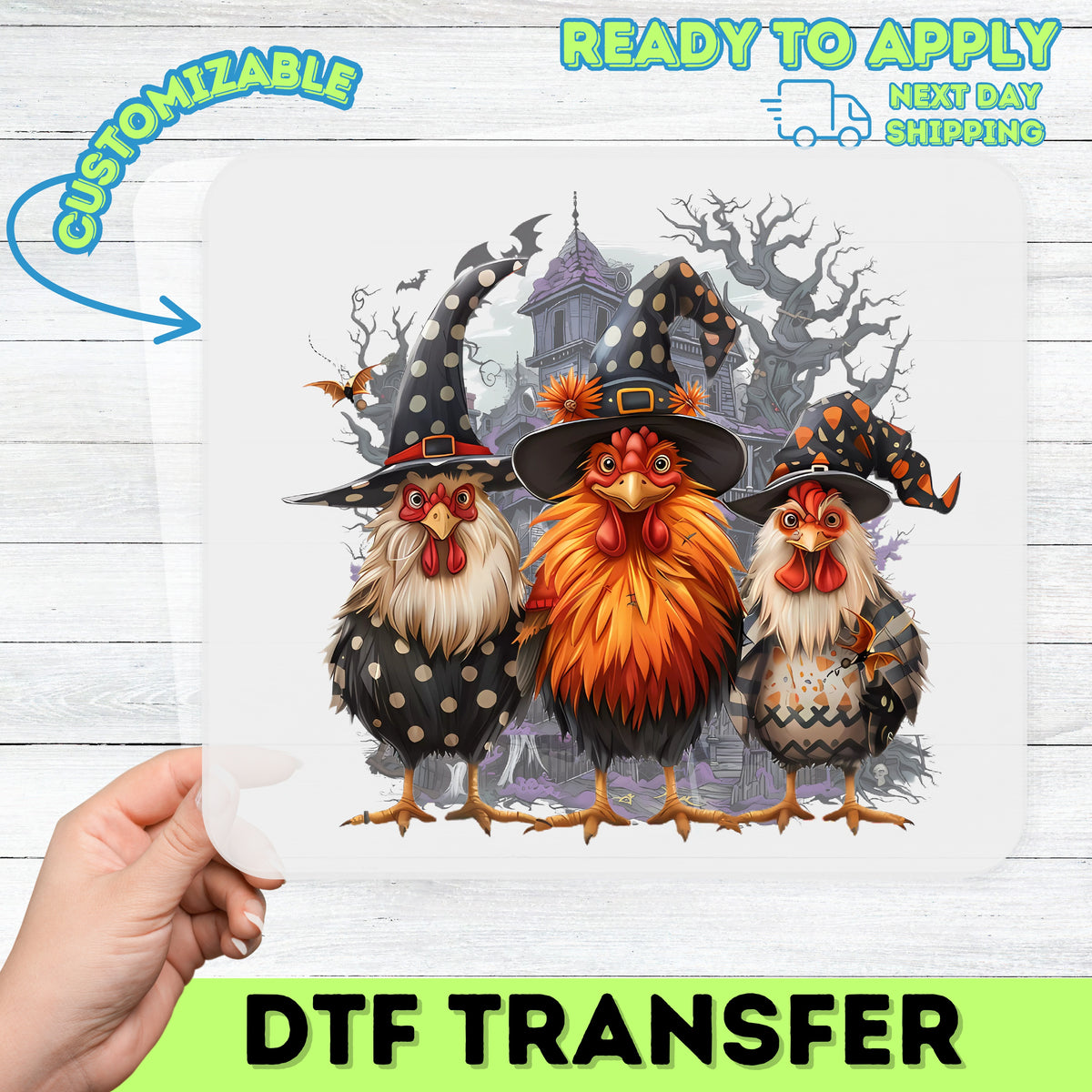 Funny Halloween Chicken Witch Hat DTF Transfer Iron-On for Farm Lover T-Shirt Ready to Press Spooky Holiday Apparel