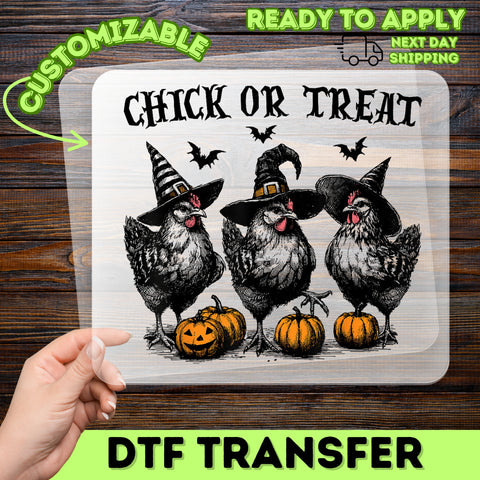 Iron-On DTF Transfer Funny Halloween Chicken Witch Design for Group Apparel & T-Shirts - Perfect for Pumpkin Parties