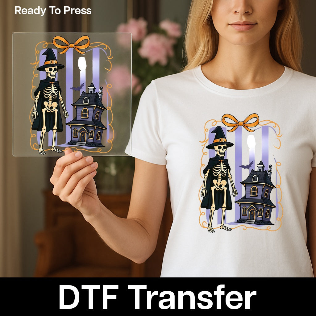 Halloween Skeleton Witch DTF Transfer for Cute and Funny Apparel, Ready to Press Iron-On for Spooky Group Theme Shirts