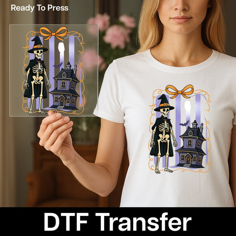 Halloween Skeleton Witch DTF Transfer for Cute and Funny Apparel, Ready to Press Iron-On for Spooky Group Theme Shirts