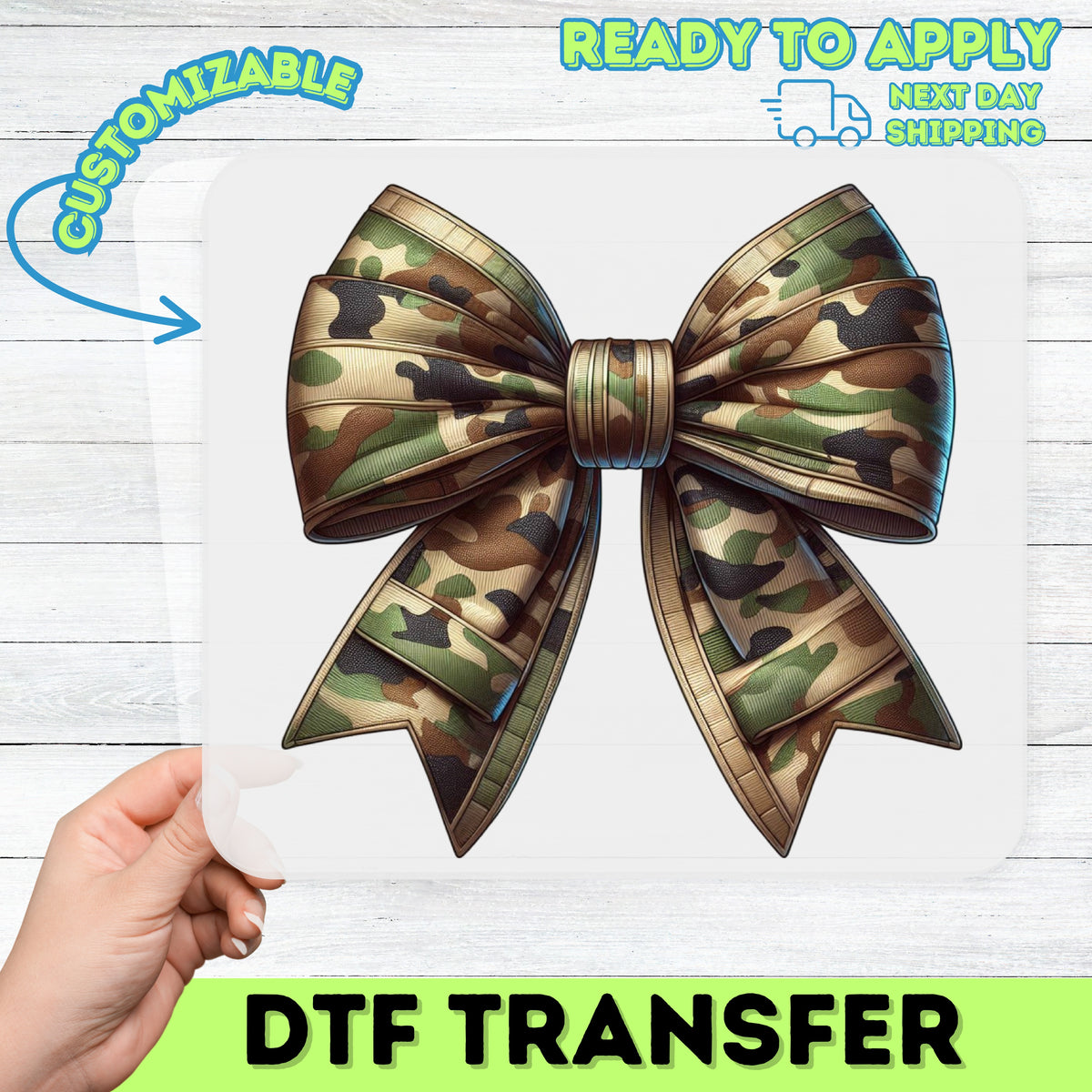 Realistic Camouflage Bow DTF Transfer - Army Support Apparel or Ready To Press Iron-On Military Theme for T-Shirts & More
