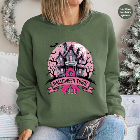 Iron-On Gothic Halloween Breast Cancer Awareness DTF Transfer - Spooky Haunted House Cute Apparel for October Events