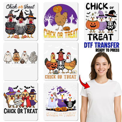 Funny Halloween Chicken DTF Transfer, Cute Chick or Treat Iron-On for Family Shirts & Apparel, Ready to Press Fall Party Gift