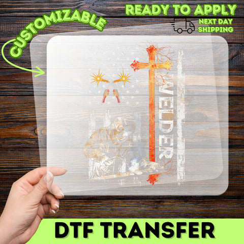 Patriotic Welder American Flag & Cross DTF Transfer, Ready To Press Rustic Americana Iron-On for Tradesmen's Apparel
