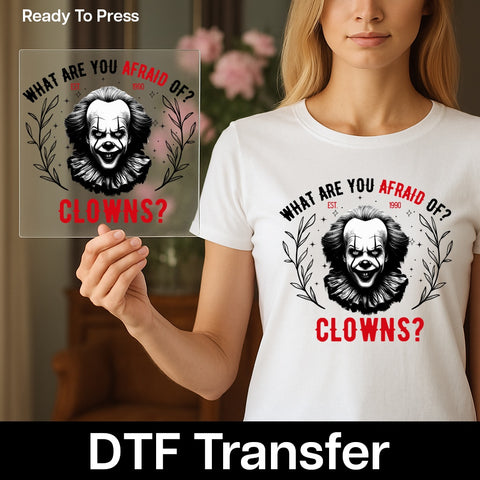 Scary Clown Halloween Iron-On DTF Transfer Funny Gothic Horror Movie Fan Apparel for Adults & Teen Party T-shirt