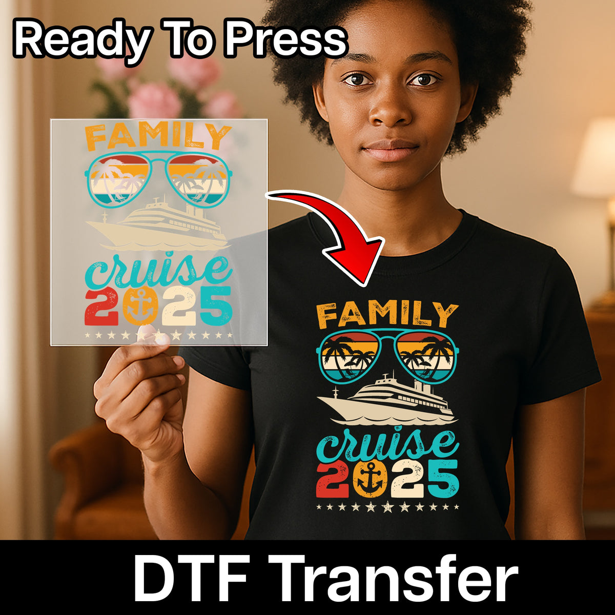 Iron-On Family Cruise Getaway 2025 Retro Vintage DTF Transfer for Fun Vacation T-shirts & Apparel, Ready to Press