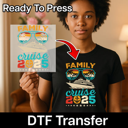 Iron-On Family Cruise Getaway 2025 Retro Vintage DTF Transfer for Fun Vacation T-shirts & Apparel, Ready to Press