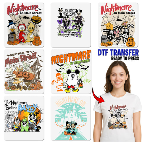 Halloween Cartoon Characters Spooky DTF Transfer Retro Iron-On for T-shirt Family Group Outfits Nightmare Theme Apparel