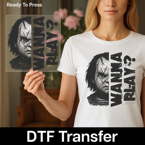 Creepy Doll Face Halloween Iron-On DTF Transfer for Scary Movie Fans T-shirt Gothic Horror Apparel