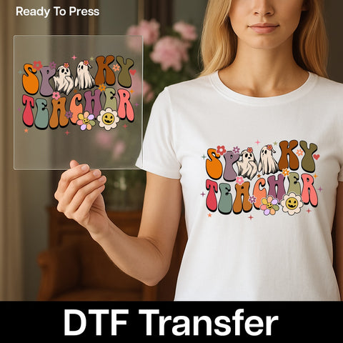 Ready to Press Spooky Teacher Halloween DTF Transfer Ghost & Retro Floral Apparel for Fun Classroom Vibes