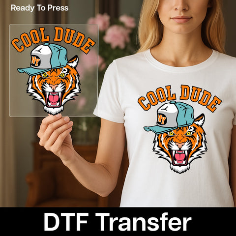 Cool Dude Tiger DTF Transfer for Youth Group or Teen Casual Apparel, Funny Animal Design Ready To Press Iron-On T-Shirt Decor
