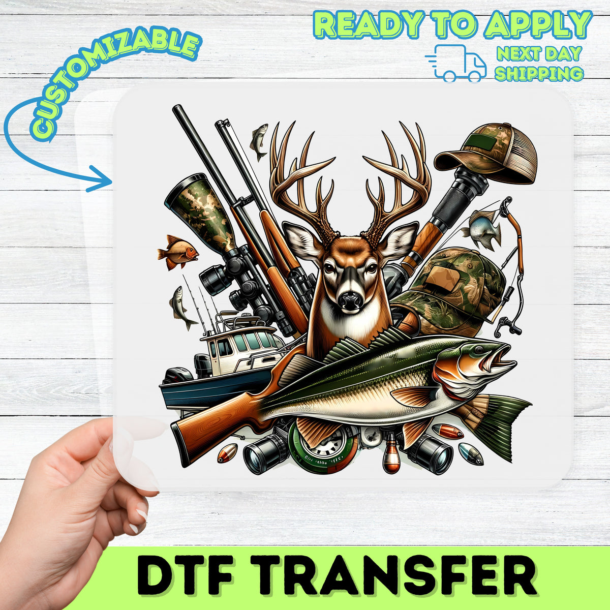 Iron-On Outdoor Adventure DTF Transfer - Cute Hunting & Fishing Design for Enthusiasts | Ready To Press Apparel Graphics