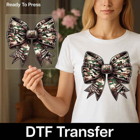 Camouflage Bow DTF Transfer for Outdoor Enthusiasts & Military Families - Realistic Army Green Nature Print for Apparel