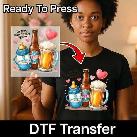 Funny First Father's Day Baby & Beer Cartoon DTF Transfer, Ready To Press Iron-On for New Dad T-shirts & Apparel