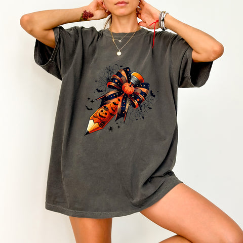 Cute Halloween Jack-o'-lantern & Bat DTF Transfer for Teachers T-shirt Ready to Press Fall Classroom Retro Design