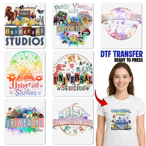 Iron-On Pop Culture Cartoon Collage DTF Transfer for Movie Fans & Universal Studios Film Theme T-Shirt & Family Group Fun