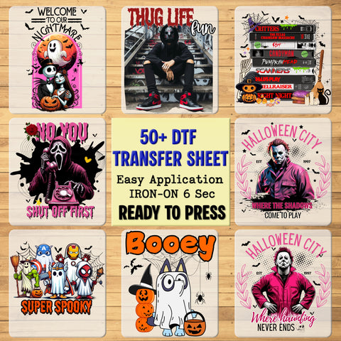 Spooky Gothic Halloween DTF Transfer for Whimsical Skeleton & Ghost Shirt - Ready to Press Iron-On for Fun Holiday Apparel