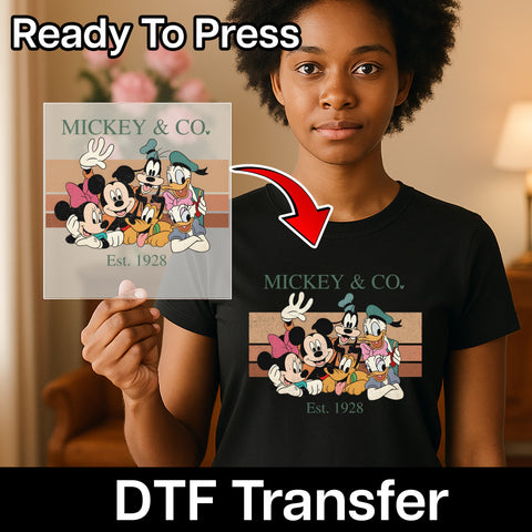 Iron-On Retro Group Celebration DTF Transfer for Disney Friends & Nostalgic Cartoon T-Shirt Apparel