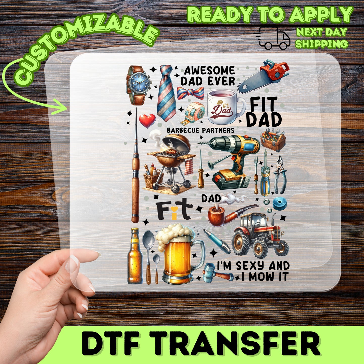 Funny Father's Day DTF Transfer Ready To Press Iron-On, Retro #1 Dad Grill Tools Beer Collage for T-Shirts & Sweatshirts, Gift from Kids