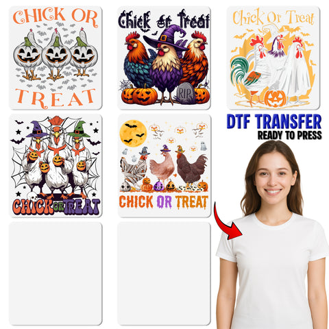 Cute Chicken Halloween DTF Transfer Iron-On Ready to Press, Funny Chick or Treat Design for T-Shirts & Apparel