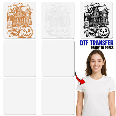 Funny Halloween Haunted House & Skull DTF Transfer for Group Apparel, Ready to Press for Spooky T-Shirts