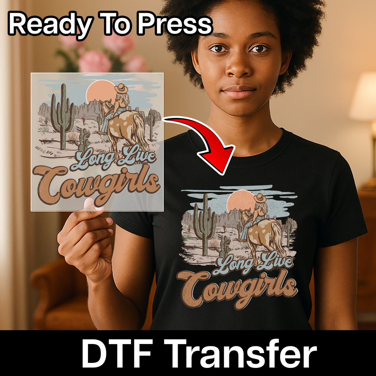 Iron-On Vintage Western Cowgirl Life DTF Transfer - Ready to Press Retro Desert Sand Beige Design for Women's Apparel