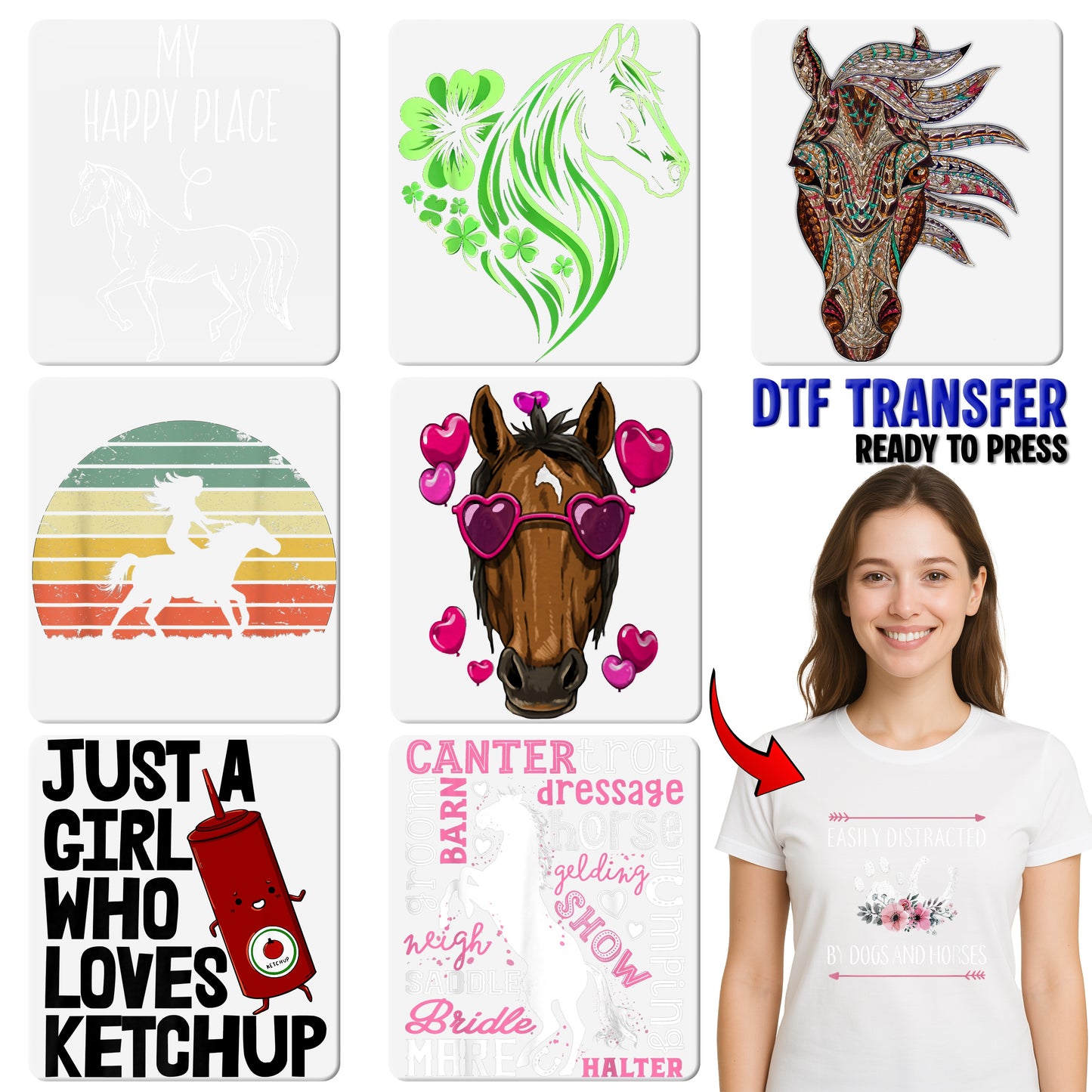 Rustic Equestrian Love Horse Head Silhouette DTF Transfer, Perfect Iron-On for Equestrian Apparel & Farmhouse Gifts