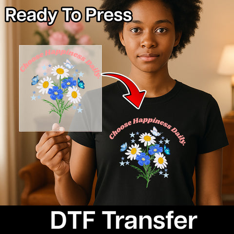 Choose Happiness Daily Floral Daisies & Butterflies Cute DTF Transfer for Whimsical Positive Quote T-Shirt Apparel