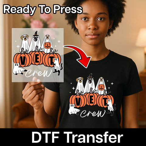 Cute Ghost Dog Halloween Vet Crew DTF Transfer, Ready To Press Iron-On for Animal Lover Apparel & Veterinary Group Costume