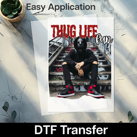 Menacing Mask Urban Streetwear DTF Transfer for Edgy Halloween Apparel & T-Shirts, Thug Life Fun Graffiti Iron-On