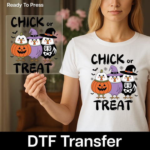Funny 'Chick or Treat' Halloween DTF Transfer for Cute Chicken Theme Iron-On Apparel