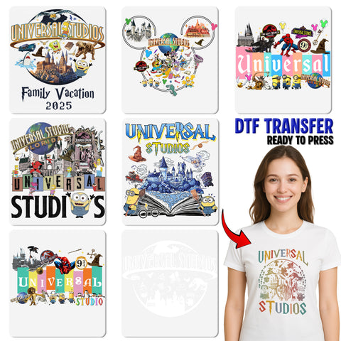 Family Vacation Theme Park DTF Transfer for T-shirt, Retro Futuristic Design Featuring Pop Culture Magic and Sci-Fi Adventures