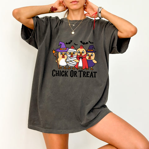 Funny Halloween Chick or Treat DTF Transfer | Cute Chicken Costume Iron-On | Ready to Press Design for Family & Kids Apparel