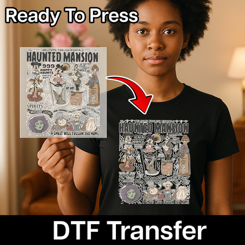 Funny Halloween Cartoon Spooky Haunted Mansion DTF Transfer Ready to Press Iron-On for Cute Group T-Shirts & Sweatshirts