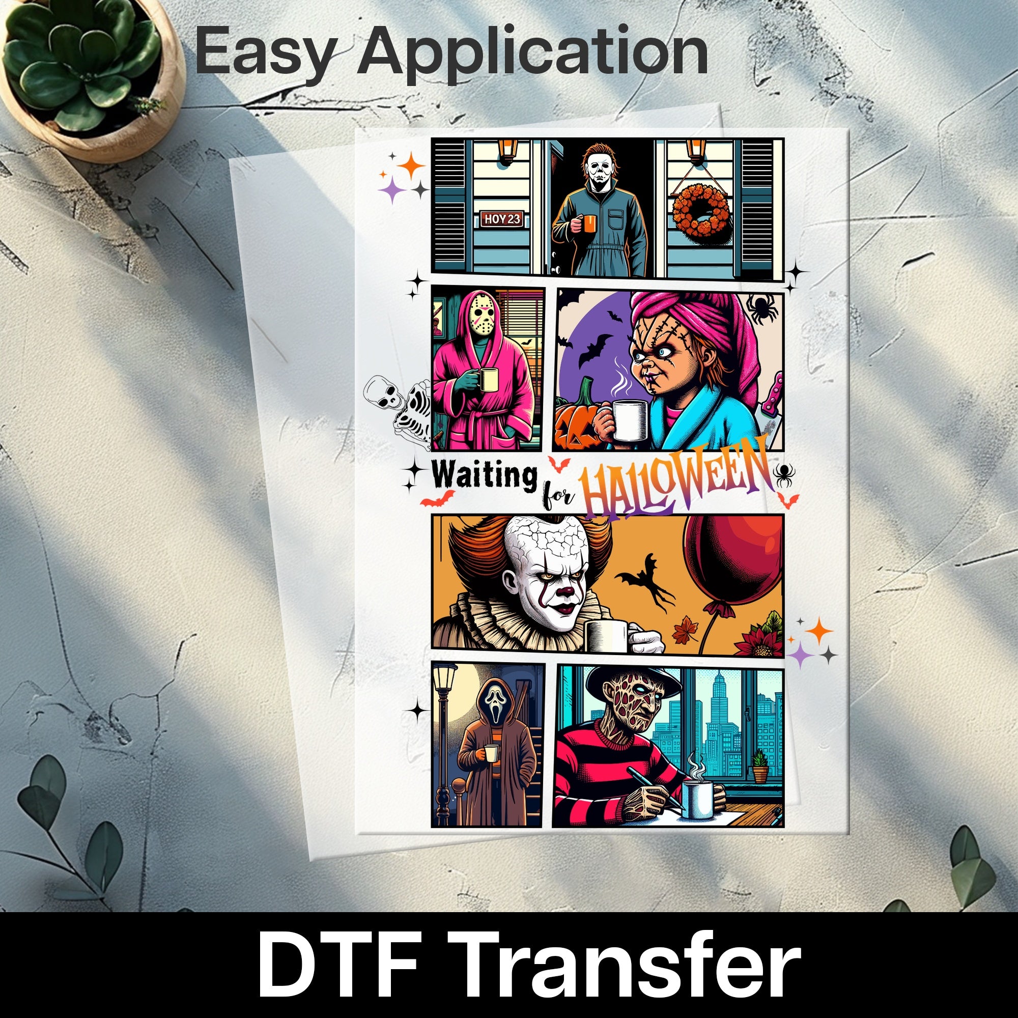 Spooky & Humorous Halloween DTF Transfer for Horror Lovers - Retro Comic Coffee Theme for Shirts & Hoodies