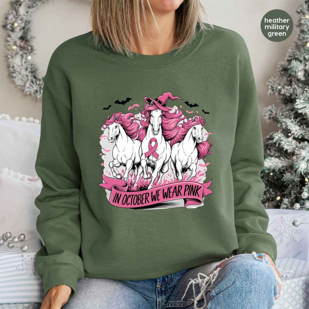 Halloween Breast Cancer Awareness Gothic Whimsical Pink Iron-On DTF Transfer for Women T-Shirt & Sweatshirt