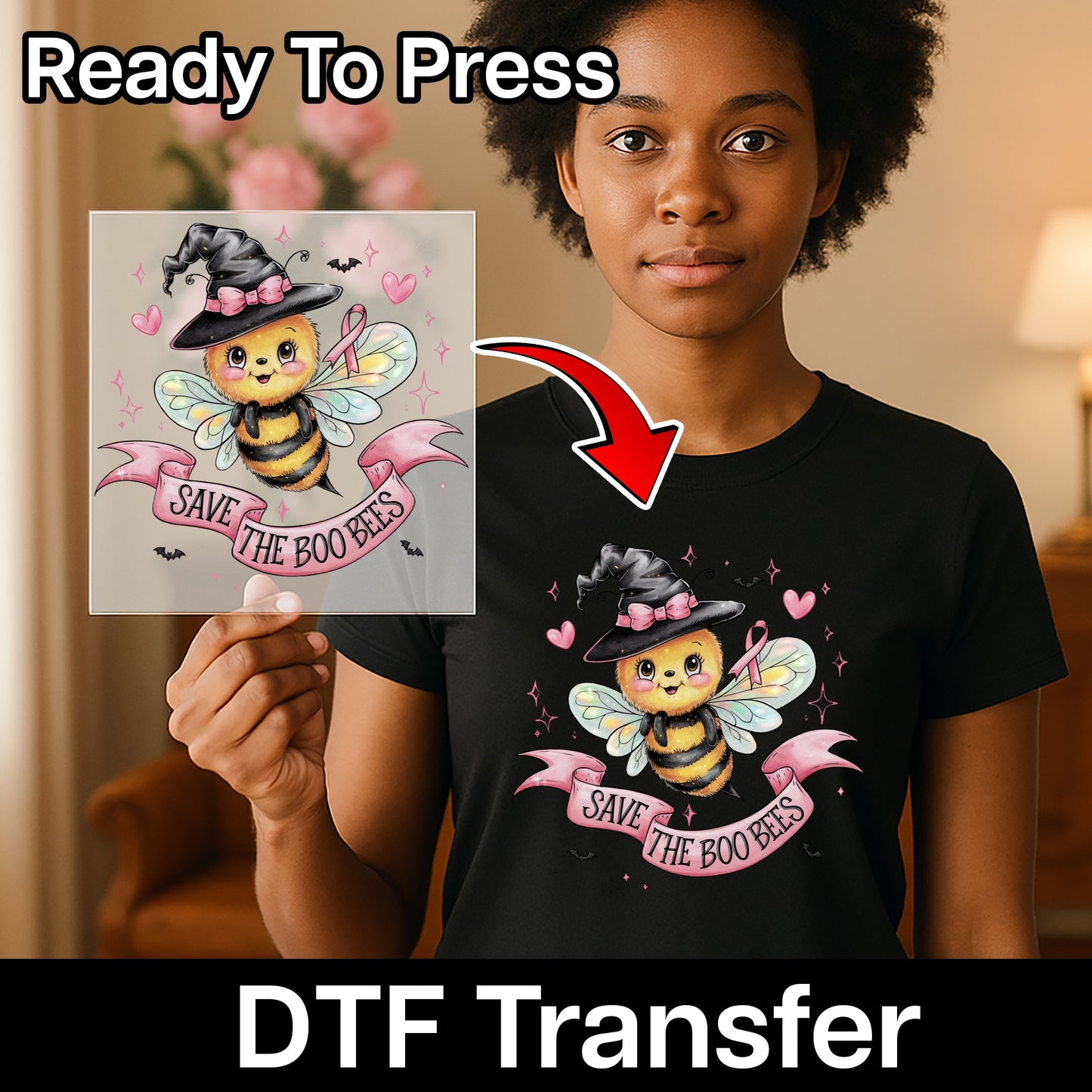 Funny Halloween Boo Bees DTF Transfer for Women's Shirt - Cute Breast Cancer Awareness Iron-On for Holiday Apparel & Events