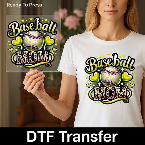 Ready to Press DTF Transfer Baseball Mom Heart Leopard Print for Sporty Apparel