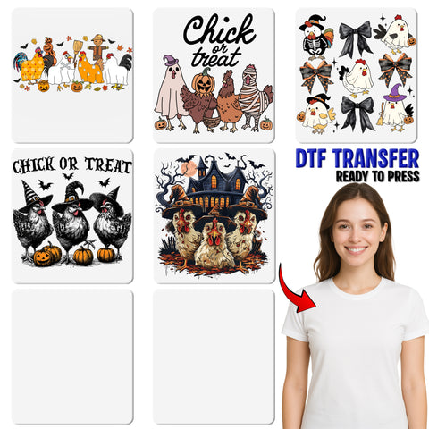 Funny Halloween Chicken DTF Transfer, Ready to Press Iron-On Design, Cute Farmhouse Holiday T-Shirt for Group Costume