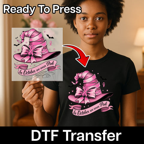 Pink Awareness & Halloween Witch Hat Cute October DTF Transfer for Women Apparel & Breast Cancer Support Group