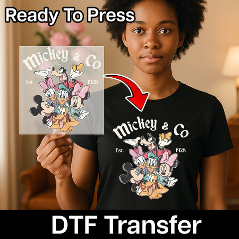 Retro Mickey & Co 1928 DTF Transfer for Classic Cartoon Shirts - Fun Group Celebration Apparel Tee