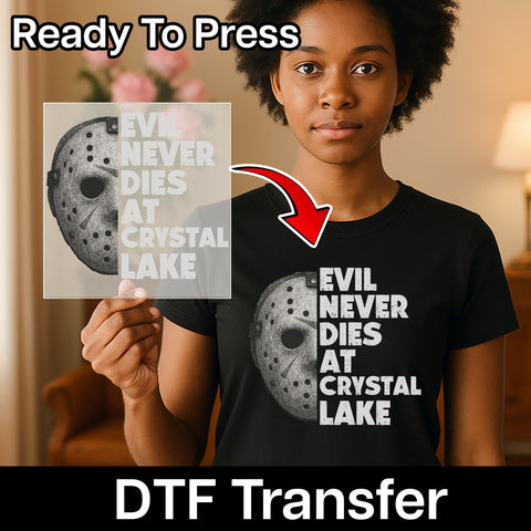 Retro Horror Movie Mask DTF Transfer for Halloween Shirt - Edgy Crystal Lake Iron-On for 80s Horror Fans & Goth Apparel