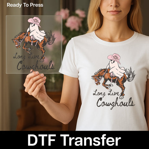 Long Live Cowghouls Funny Western Ghost Halloween DTF Transfer Ready to Press Iron-On for T-Shirt & Apparel