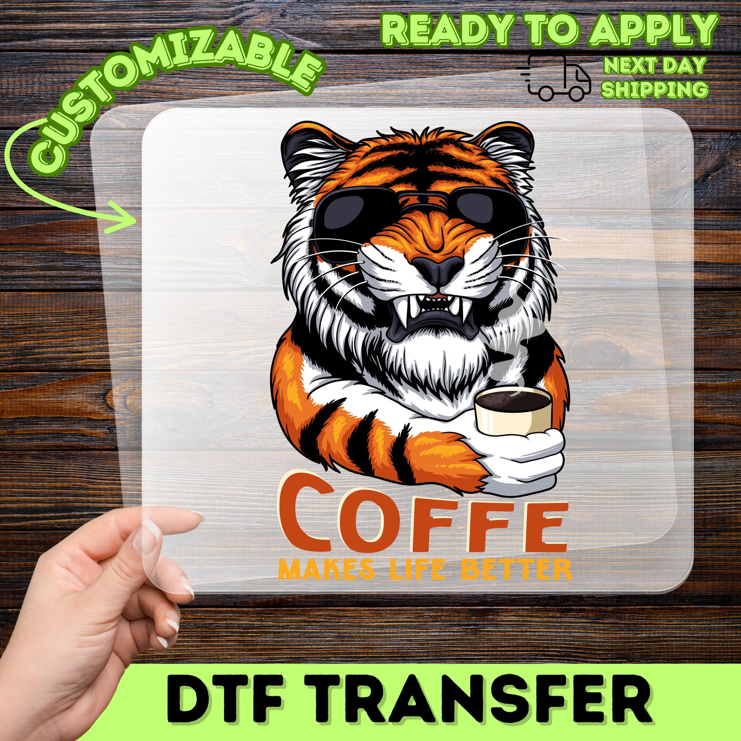 Tiger Wearing Sunglasses Coffee DTF Transfer Ready To Press Funny Coffee Lover T-Shirt Animal Humor Tee Gift