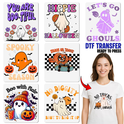 Cute Halloween Ghost & Pumpkin DTF Transfer - Ready to Press Iron-On for Family & Friends Shirts - Spooky Fun Apparel