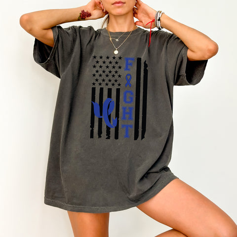Support & Awareness Blue Ribbon FIGHT American Flag DTF Transfer for T-Shirt Apparel, Law Enforcement & Cancer Awareness