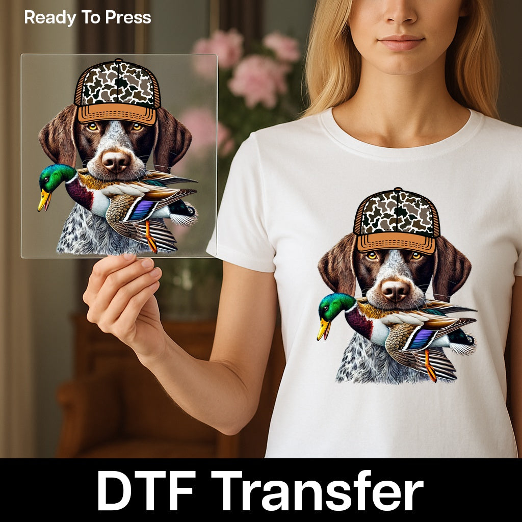 Hunting Dog with Duck Camo Cap DTF Transfer for Outdoor Apparel & Gifts for Hunters & Nature Lovers