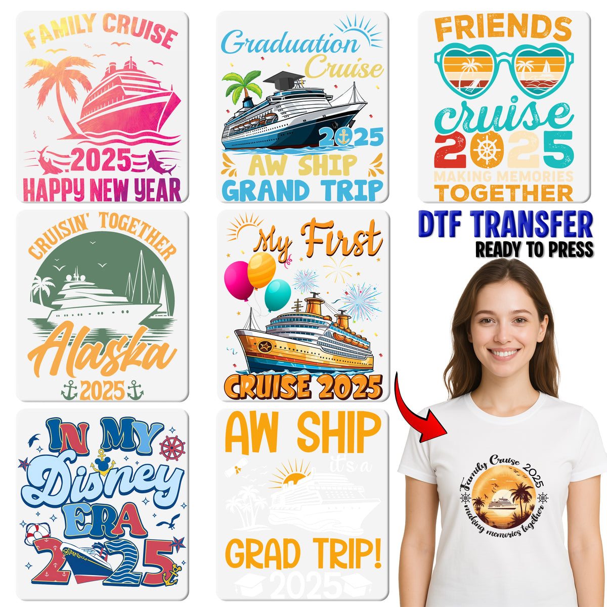 Iron-On Family Cruise Getaway 2025 Retro Vintage DTF Transfer for Fun Vacation T-shirts & Apparel, Ready to Press