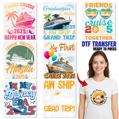Iron-On Family Cruise Getaway 2025 Retro Vintage DTF Transfer for Fun Vacation T-shirts & Apparel, Ready to Press